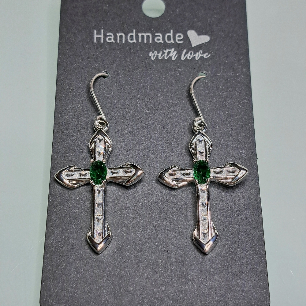 Clear Crystal and Green Cross Silver Plated Earrings w/Stainless Steel Ear Wires